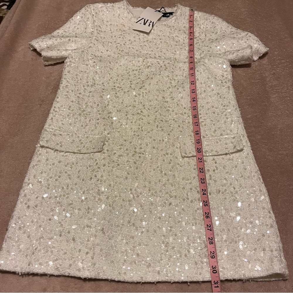 Zara white sequins fringed short sleeve shift mini dress - Picture 9 of 14